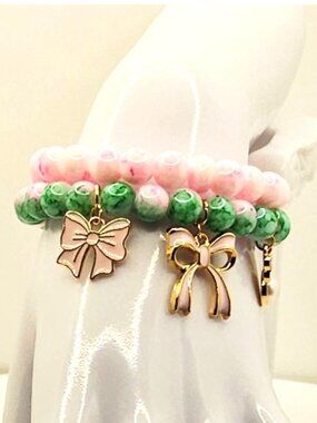 Pink Bow Bracelet Stack, Coquette Beaded Bracelets, Feminine Charm Jewelry